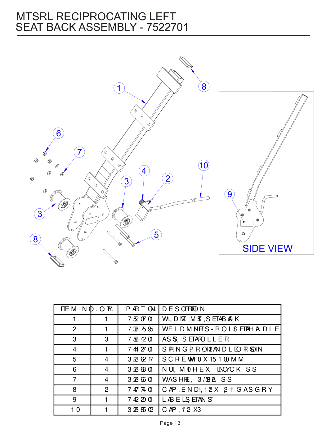 Life Fitness MTSRL manual Mtsrl Reciprocating Left Seat Back Assembly 