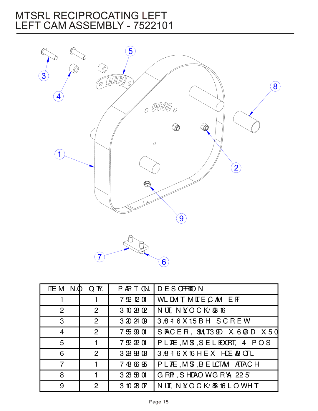 Life Fitness MTSRL manual Mtsrl Reciprocating Left Left CAM Assembly, WLDMT, MTLE, CAM Left 