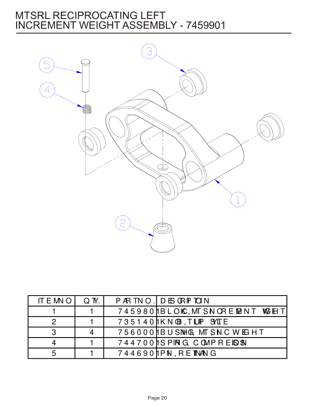 Life Fitness MTSRL manual Mtsrl Reciprocating Left Increment Weight Assembly 