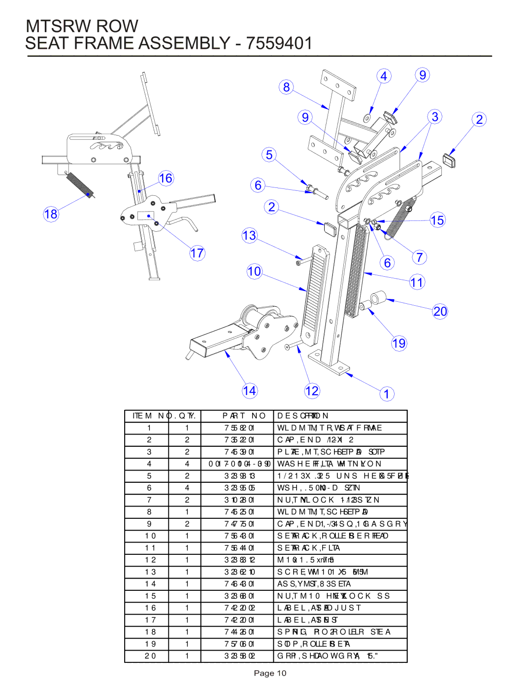 Life Fitness MTSRW manual Mtsrw ROW Seat Frame Assembly 