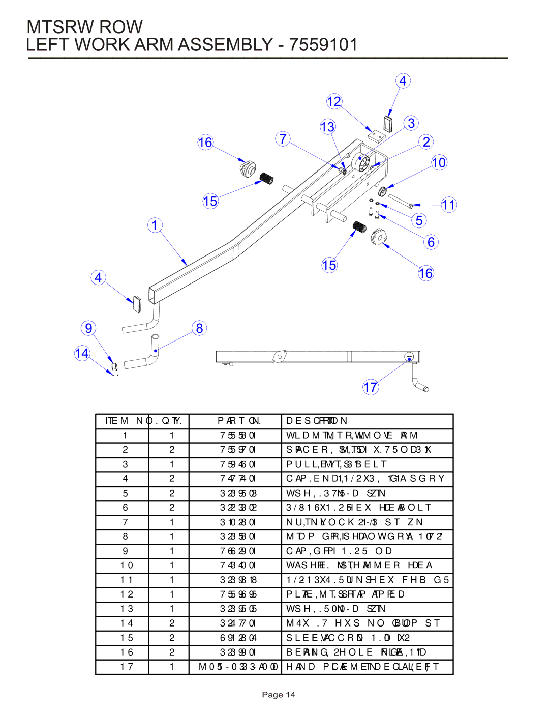 Life Fitness MTSRW manual Mtsrw ROW Left Work ARM Assembly, PULLEY, MTS, 3 Belt 