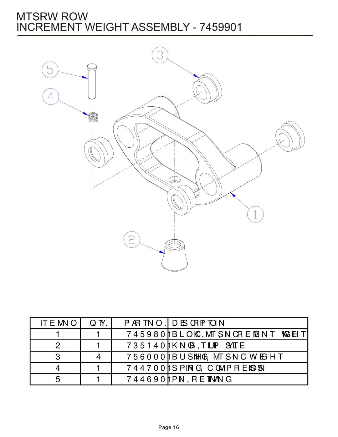 Life Fitness MTSRW manual Mtsrw ROW Increment Weight Assembly 