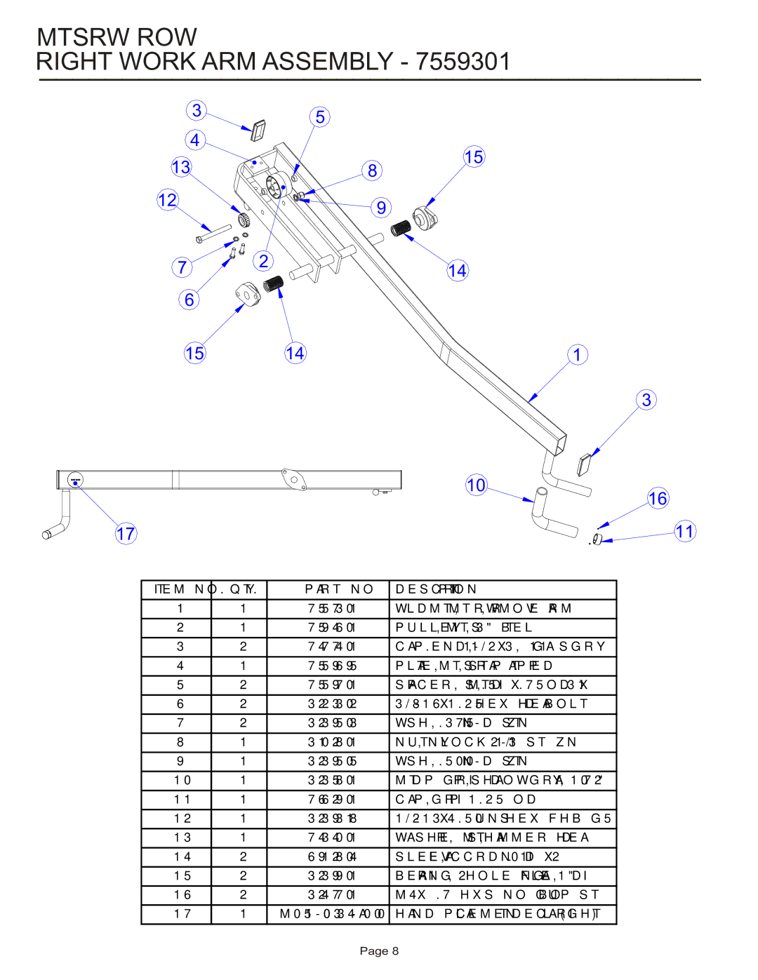 Life Fitness MTSRW manual Mtsrw ROW Right Work ARM Assembly, PLATE, MTS, Strap Tapped 