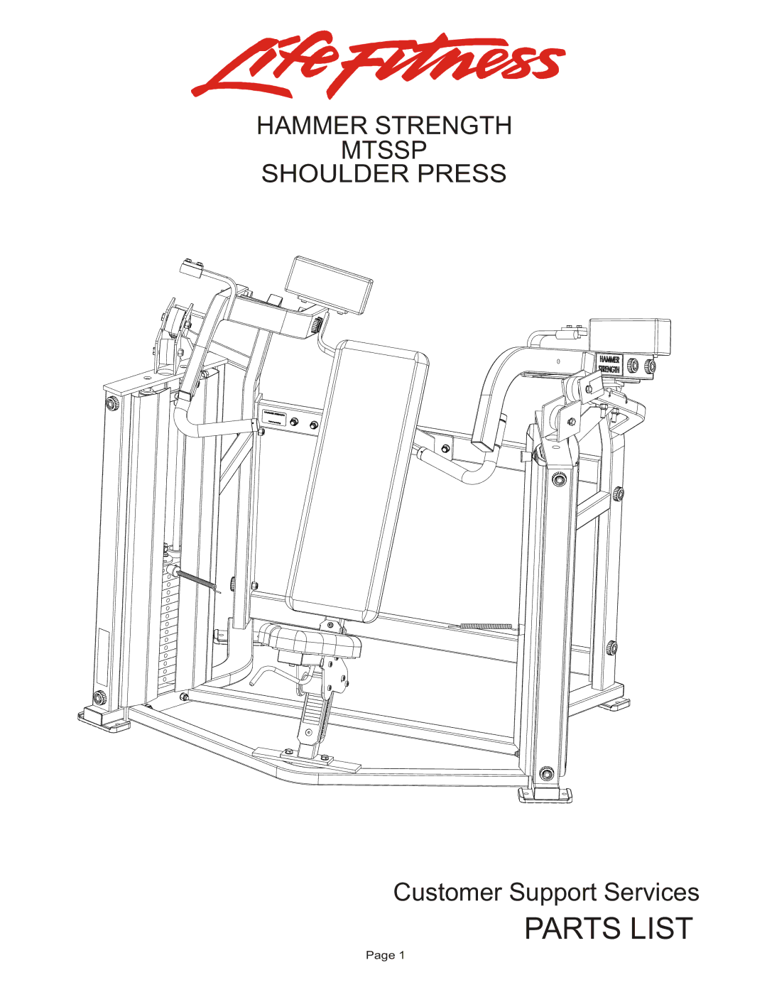 Life Fitness MTSSP manual Parts List, Hammer Strength Mtssp Shoulder Press 