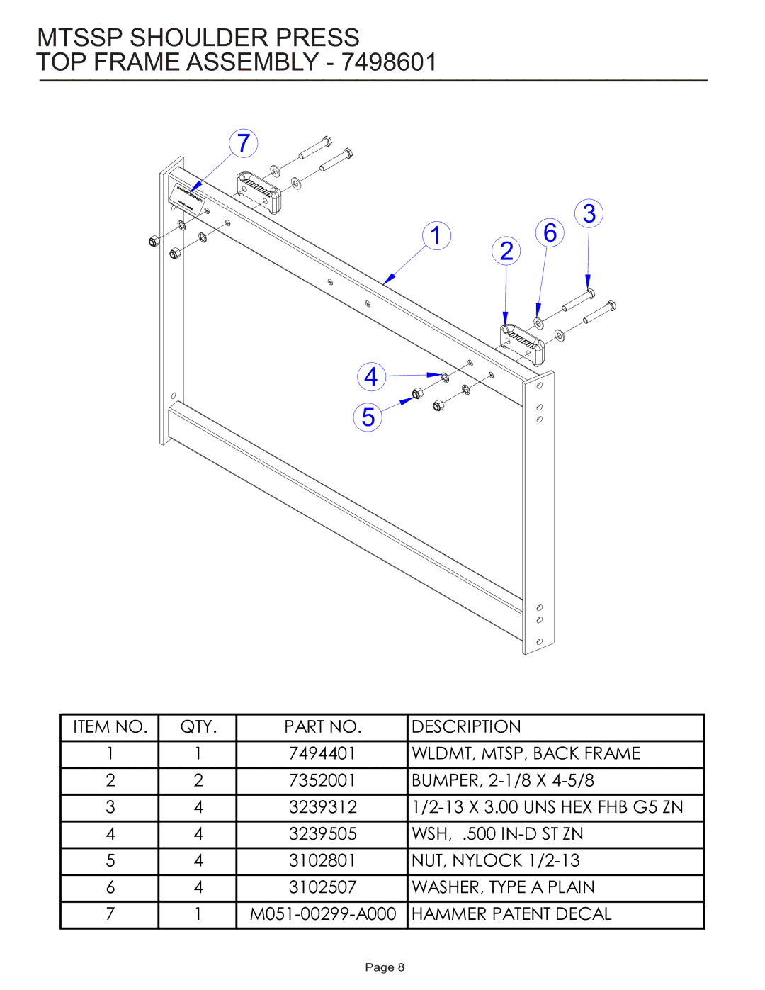 Life Fitness MTSSP manual Mtssp Shoulder Press TOP Frame Assembly, WLDMT, MTSP, Back Frame 