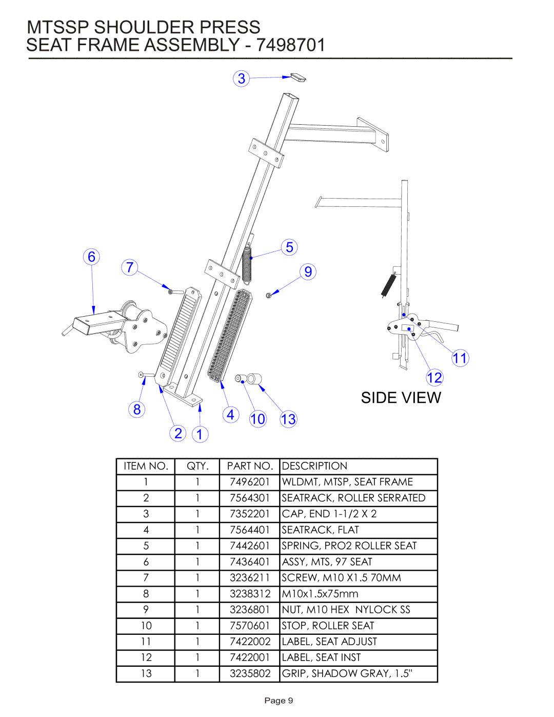 Life Fitness MTSSP manual Mtssp Shoulder Press Seat Frame Assembly, Side View 