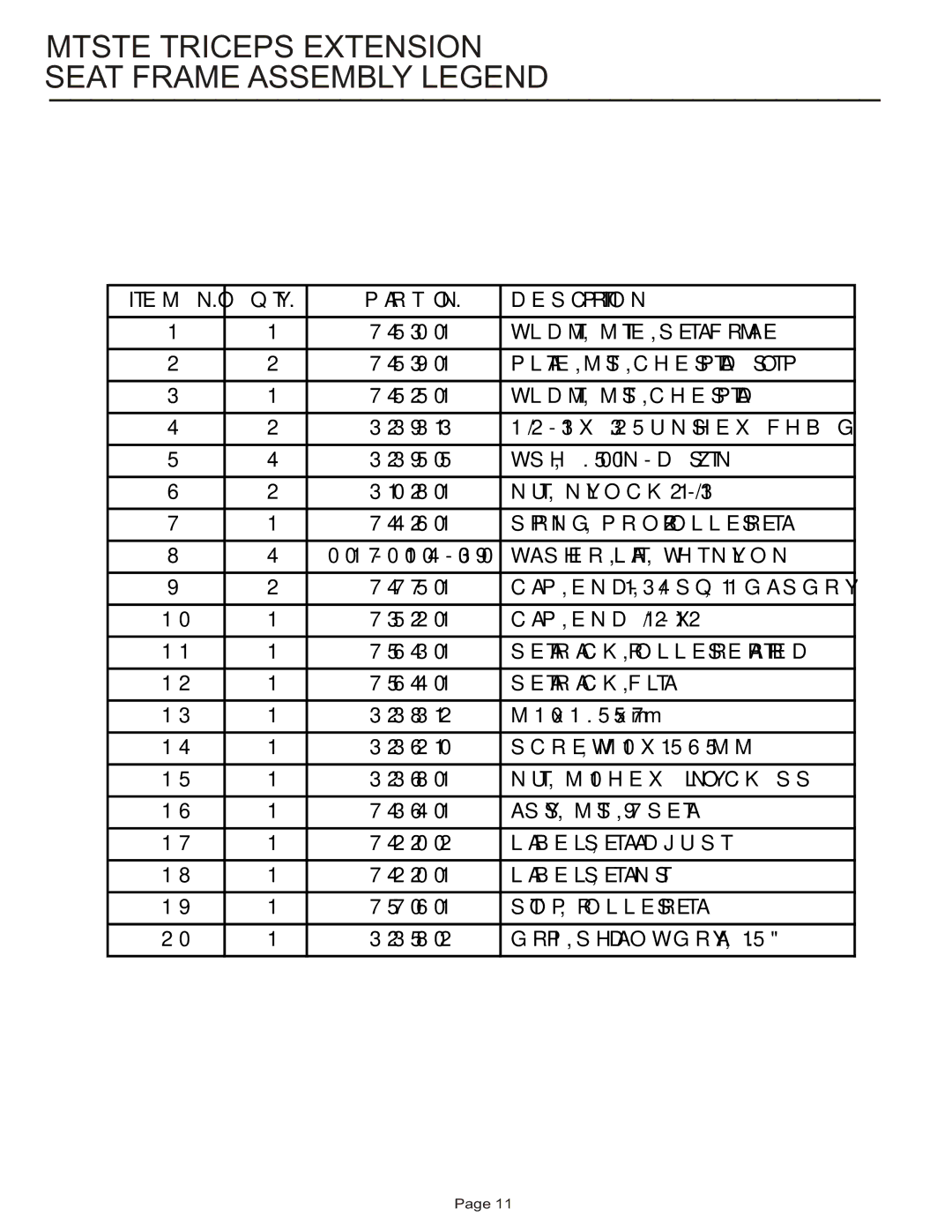 Life Fitness MTSTE manual Mtste Triceps Extension Seat Frame Assembly Legend, WLDMT, MTS, Chest PAD 