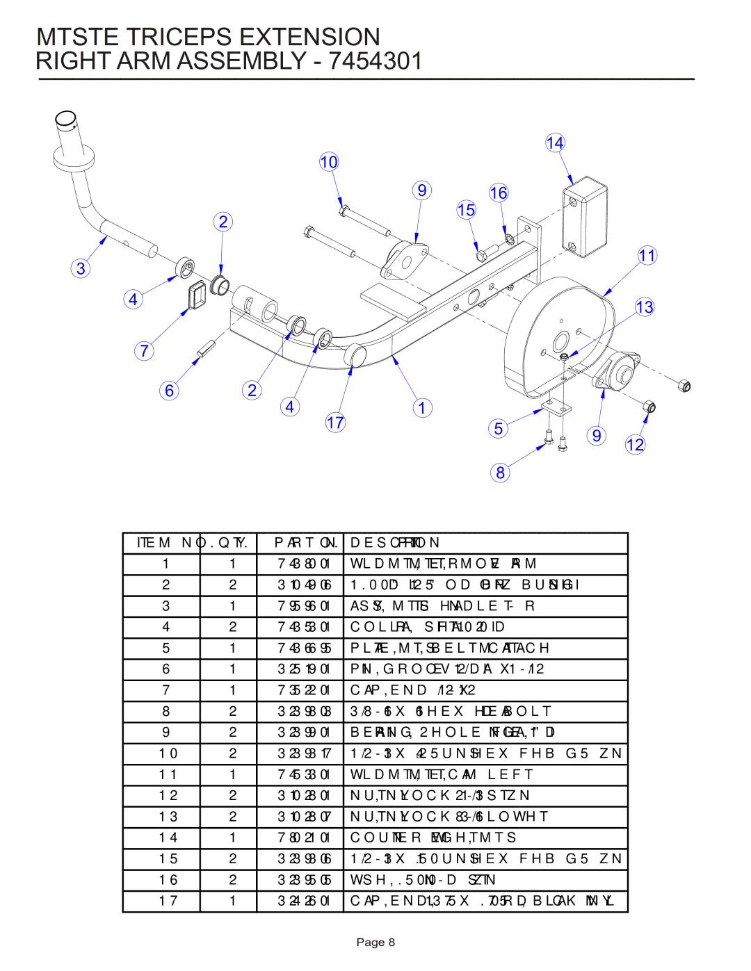 Life Fitness MTSTE manual Mtste Triceps Extension Right ARM Assembly, PLATE, MTS, Belt CAM Attach 