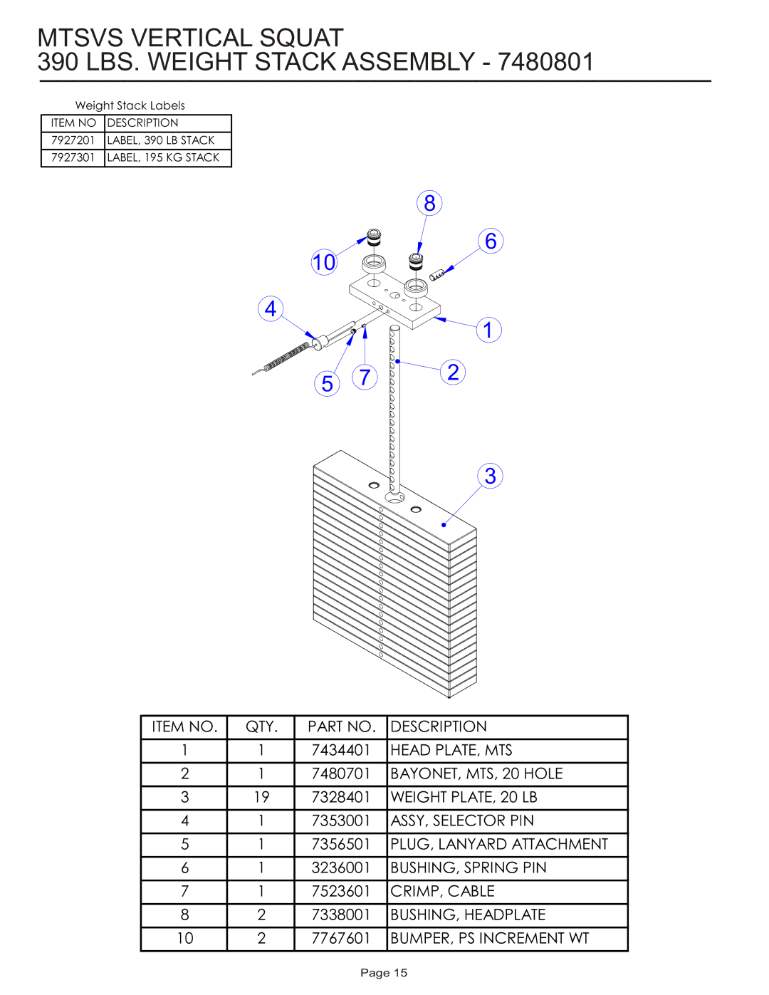 Life Fitness MTSVS manual Mtsvs Vertical Squat 390 LBS. Weight Stack Assembly 