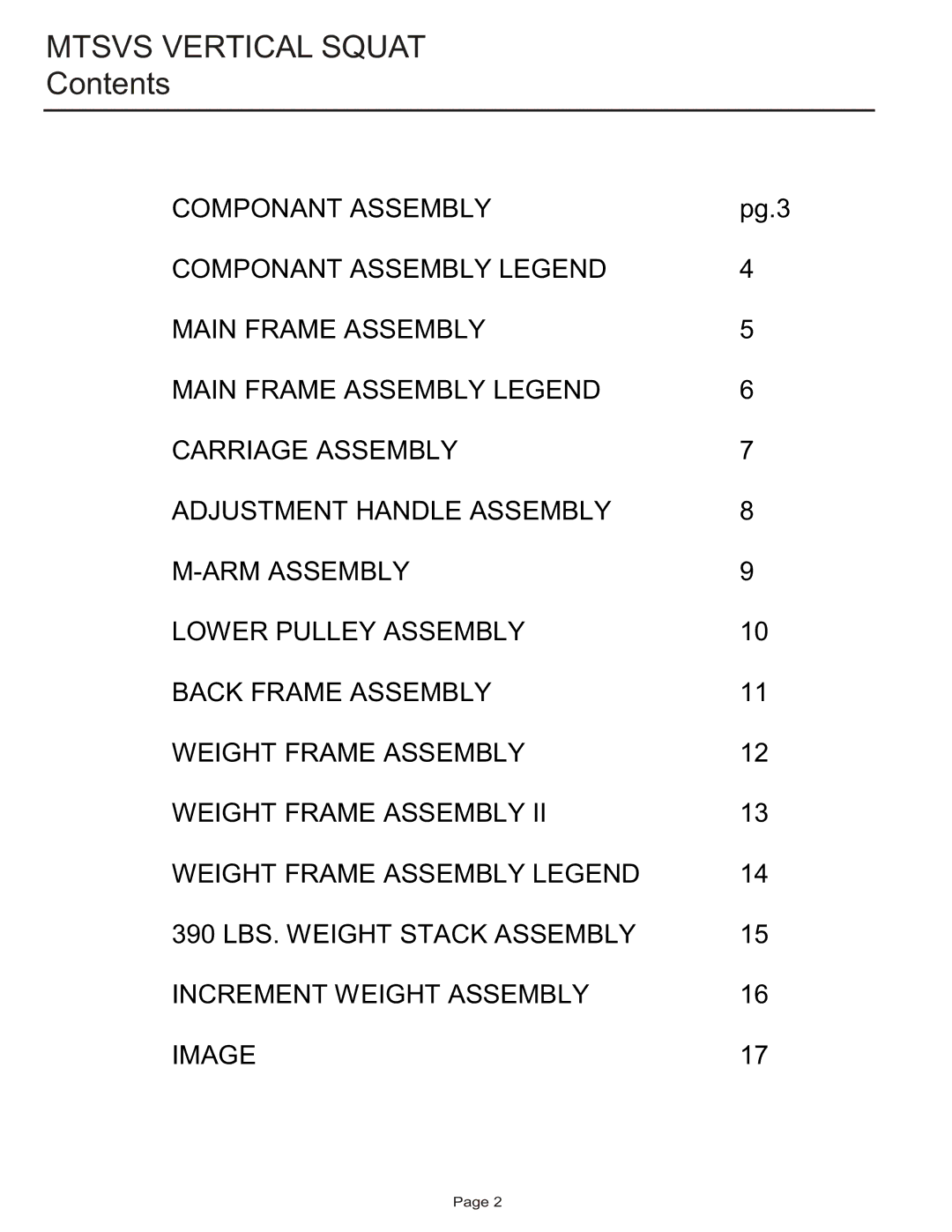 Life Fitness MTSVS manual Mtsvs Vertical Squat, Contents 