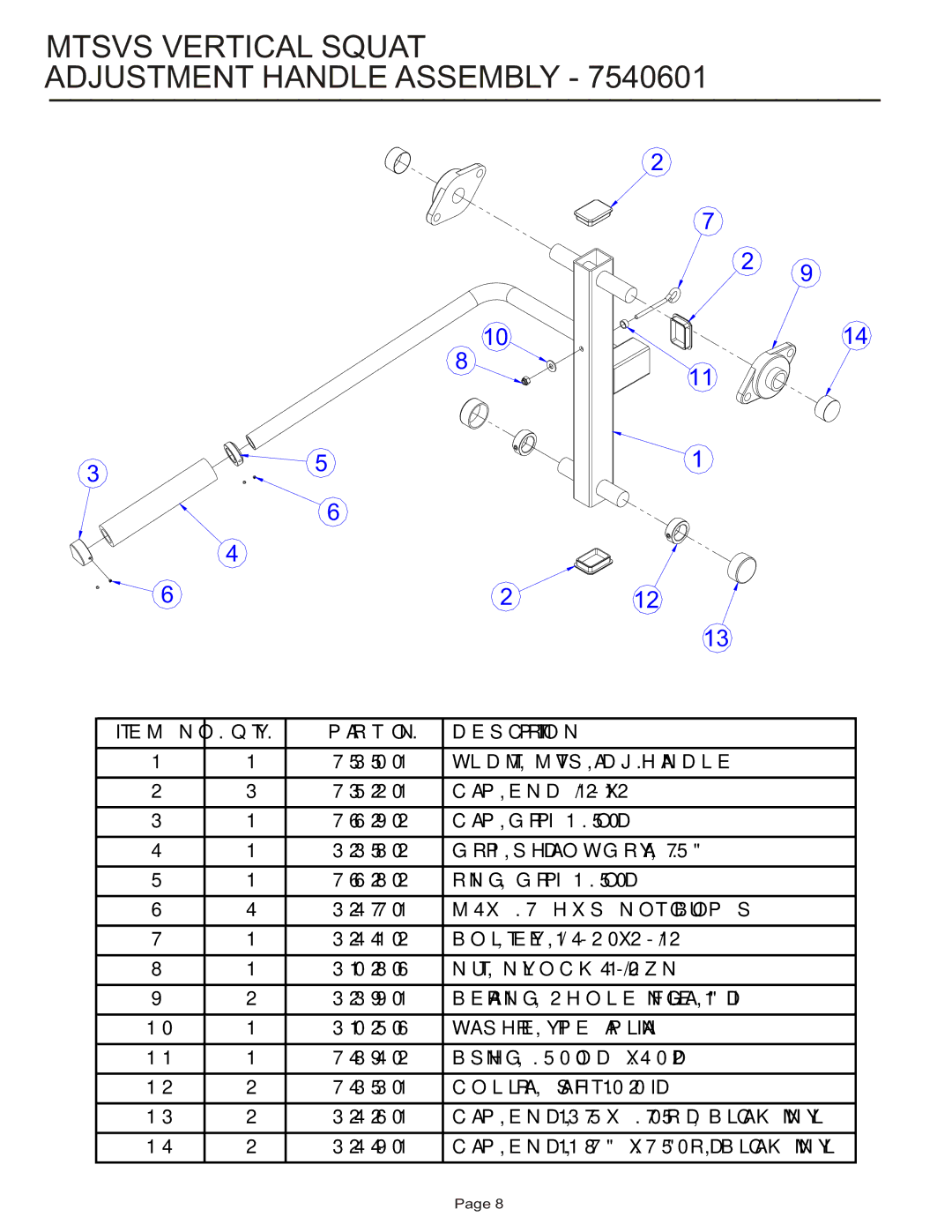 Life Fitness MTSVS manual Mtsvs Vertical Squat Adjustment Handle Assembly, COLLAR, Shaft 1.020 ID 