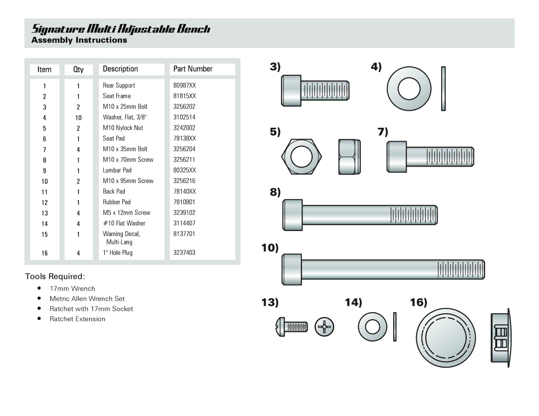 Life Fitness Multi Adjustable Bench owner manual Assembly Instructions, Item Qty Description Part Number 