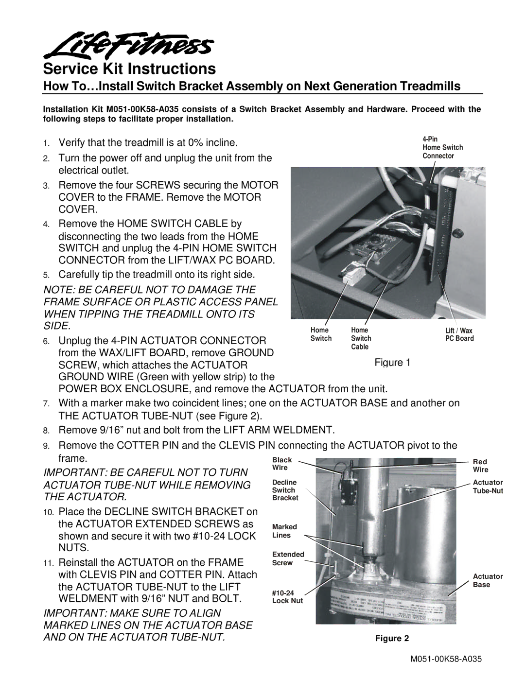 Life Fitness Next Generation Treadmills manual Service Kit Instructions, Reinstall the Actuator on the Frame 