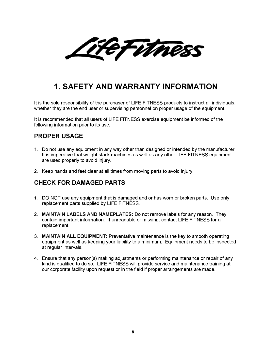 Life Fitness OHD-SIP, OHD-MIP, OHD-LIP, OHD-P manual Safety and Warranty Information 