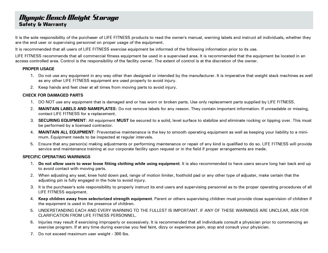 Life Fitness Olympic Bench Safety & Warranty, Proper Usage, Check for Damaged Parts, Specific Operating Warnings 