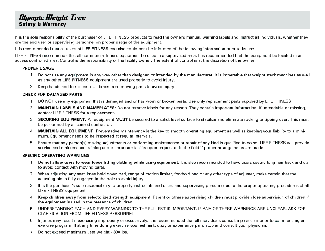 Life Fitness Olympic Weight Tree Safety & Warranty, Proper Usage, Check for Damaged Parts, Specific Operating Warnings 