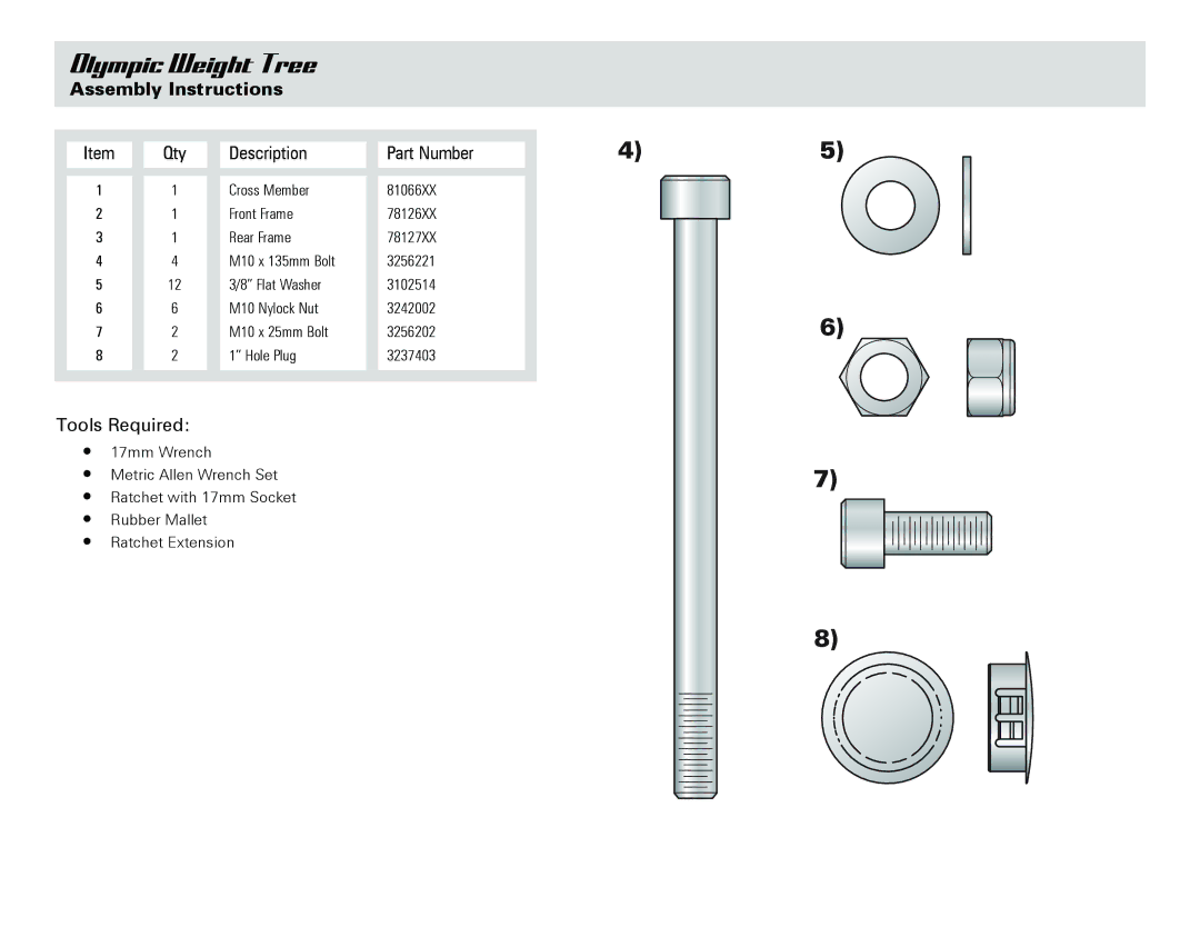 Life Fitness Olympic Weight Tree owner manual Assembly Instructions, Qty Description Part Number 