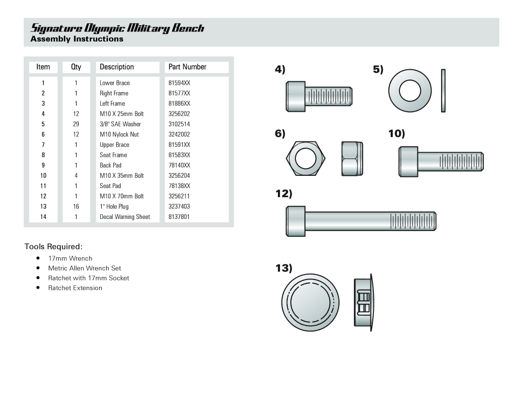 Life Fitness Olympic owner manual Assembly Instructions, Qty Description Part Number 