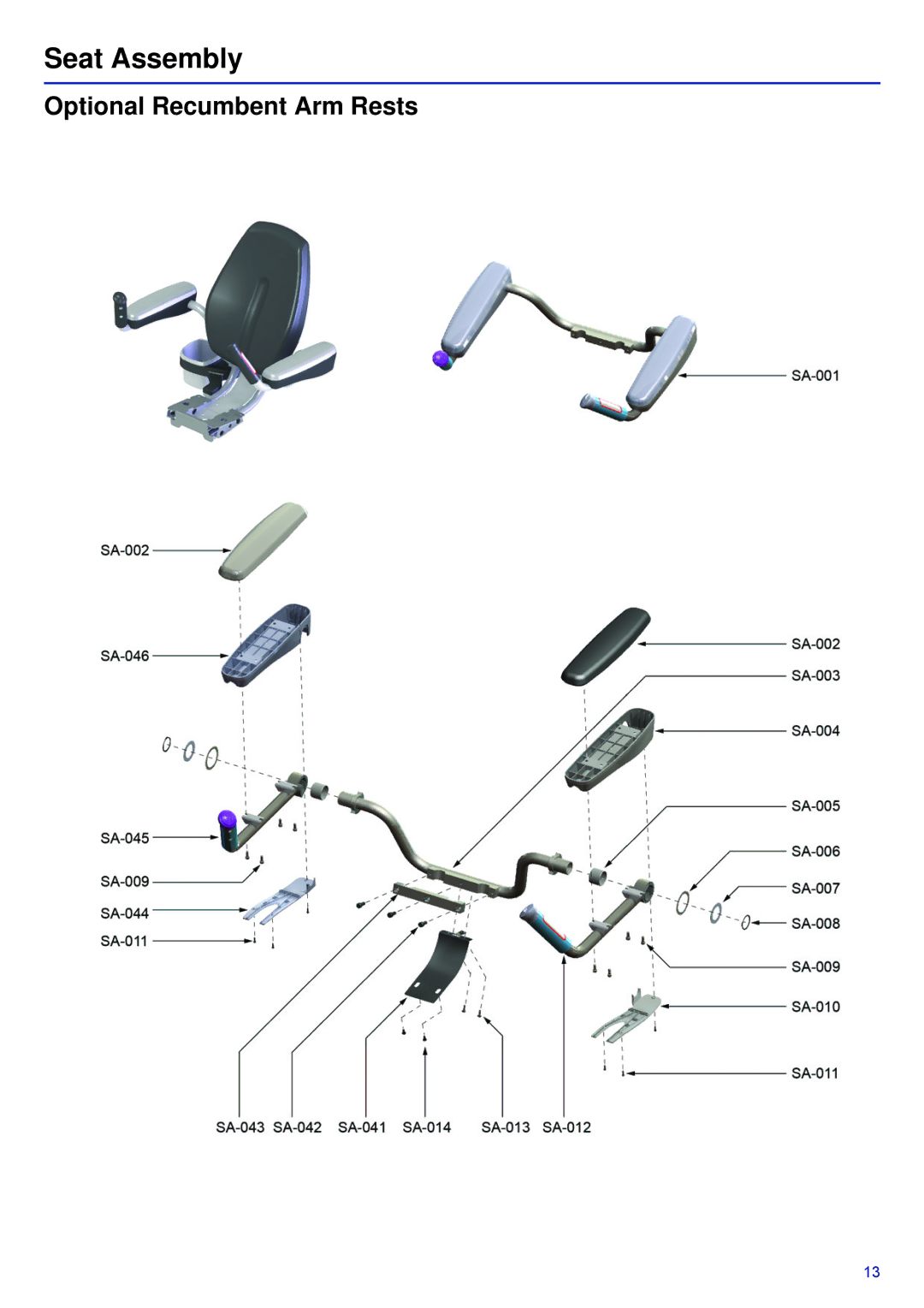 Life Fitness PCSR-ALL manual Seat Assembly, Optional Recumbent Arm Rests 