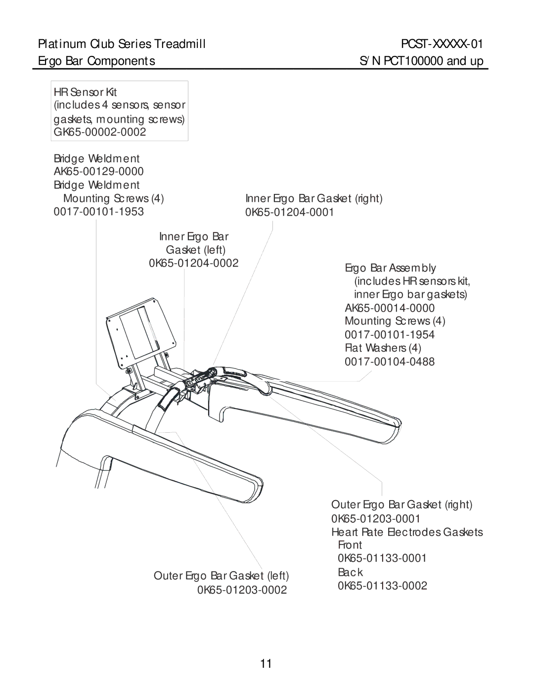 Life Fitness PCST-INTHX-01, PCST-DOMHX-01, PCST-DOMLX-01 manual Ergo Bar Components PCT100000 and up 