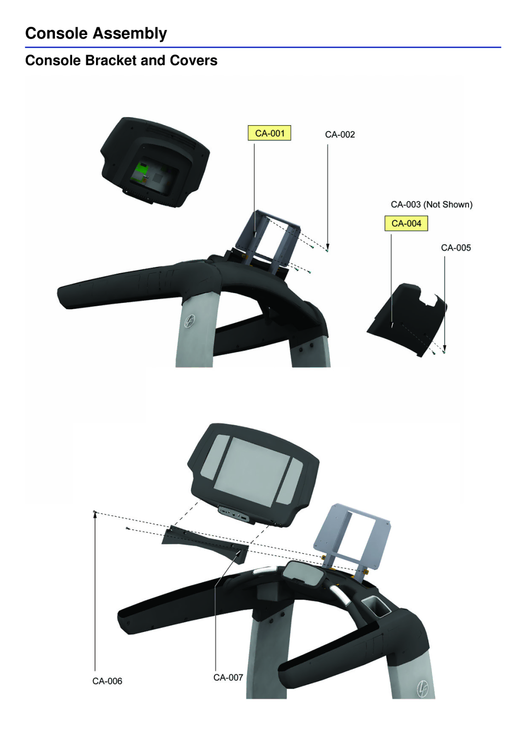 Life Fitness PCST-DOMXX-XX, 95T-DOMLHX-XX, 95T-INTHX-XX manual Console Assembly, Console Bracket and Covers 