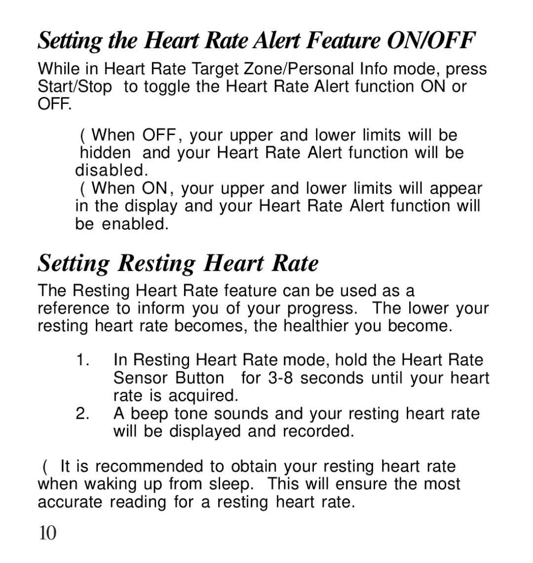 Life Fitness Pedometer/HeartRate Watch user manual Setting the Heart Rate Alert Feature ON/OFF, Setting Resting Heart Rate 