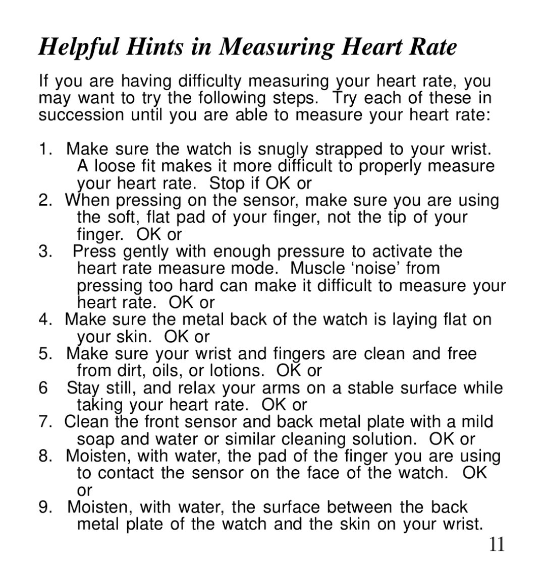 Life Fitness Pedometer/HeartRate Watch user manual Helpful Hints in Measuring Heart Rate 