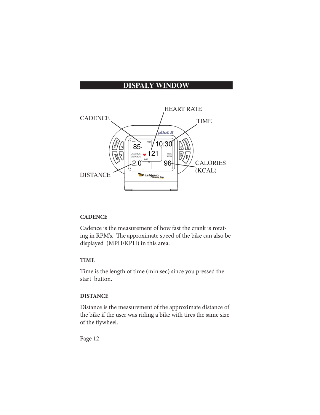 Life Fitness Pilot II instruction manual Dispaly Window, 121 