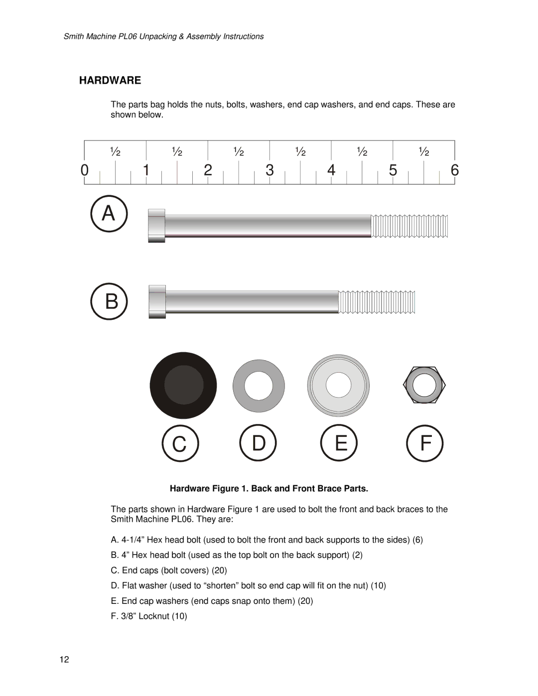 Life Fitness PL06 manual Hardware . Back and Front Brace Parts 