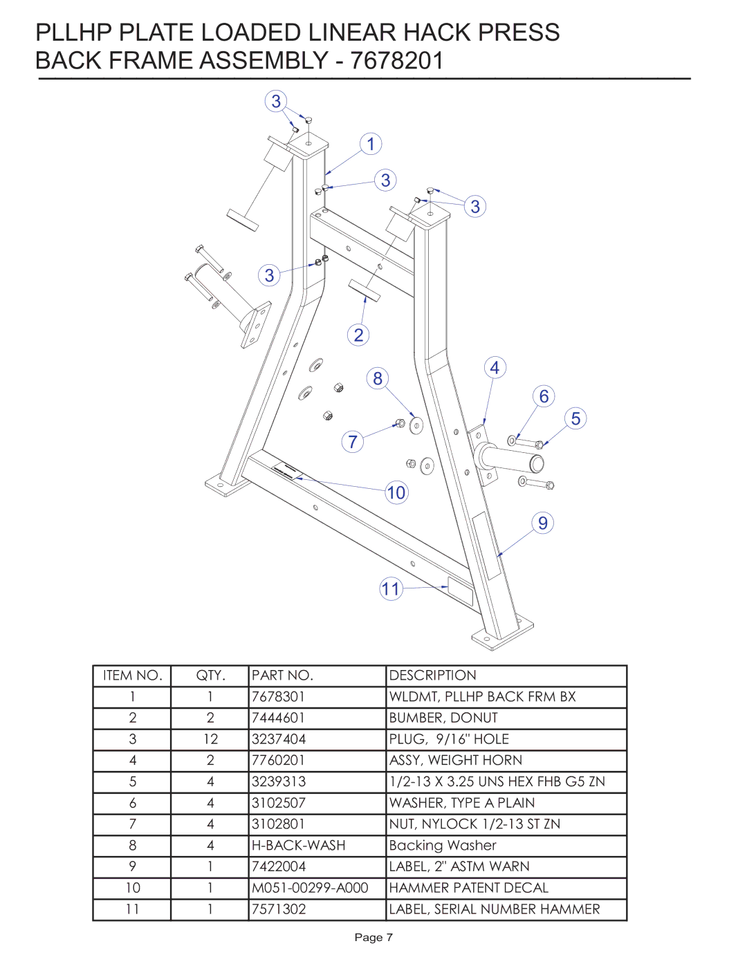 Life Fitness PLLHP manual Pllhp Plate Loaded Linear Hack Press Back Frame Assembly 