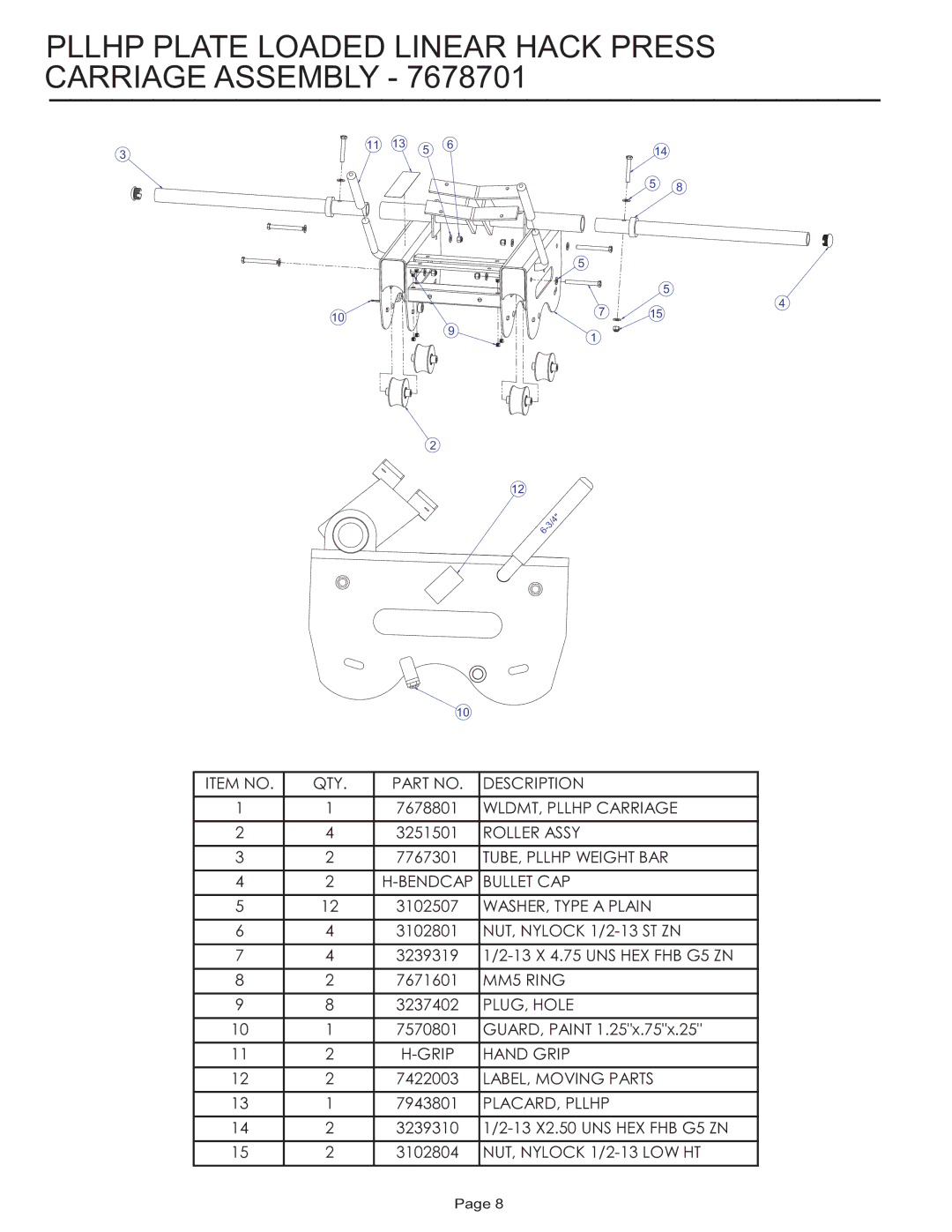 Life Fitness PLLHP manual Pllhp Plate Loaded Linear Hack Press Carriage Assembly 