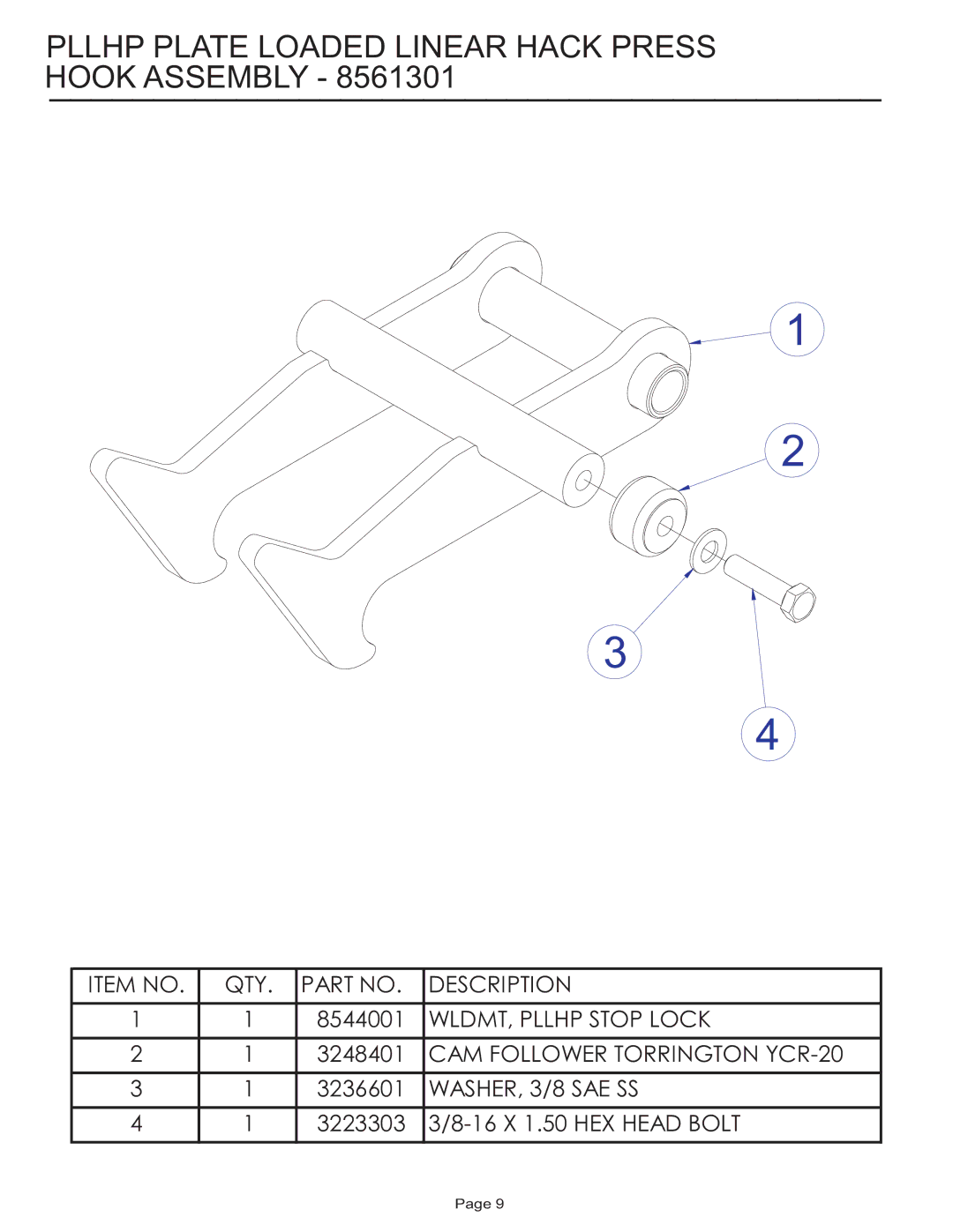 Life Fitness PLLHP manual Pllhp Plate Loaded Linear Hack Press Hook Assembly 