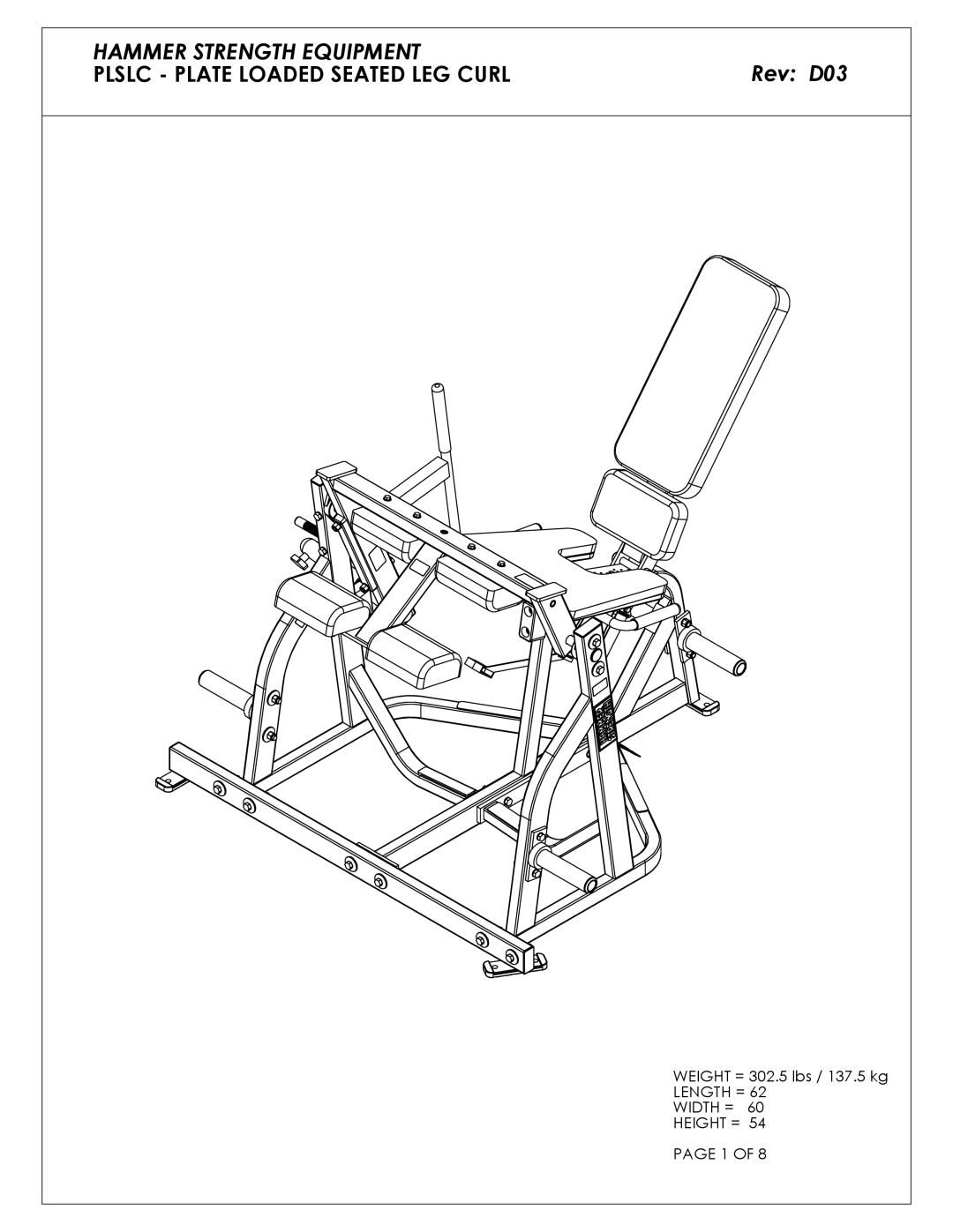 Life Fitness PLSLC manual Hammer Strength Equipment Plslc Plate Loaded Seated LEG Curl 