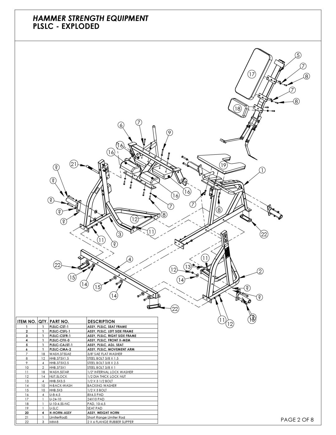 Life Fitness PLSLC manual Hammer Strength Equipment Plslc Exploded, QTY Description 