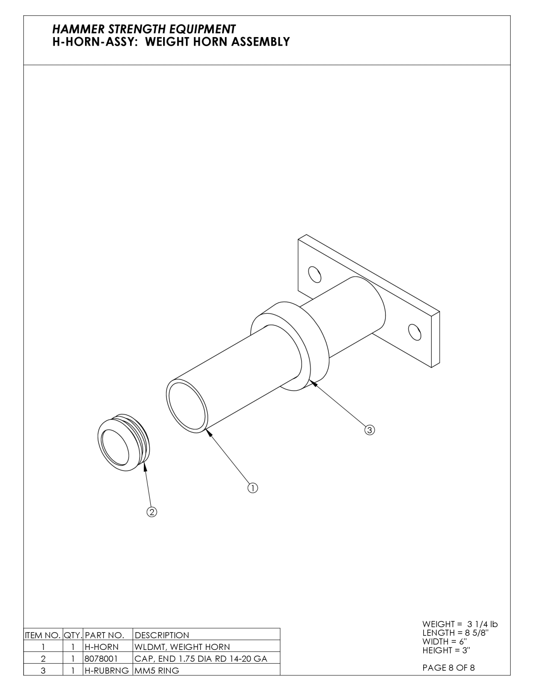 Life Fitness PLSLC manual Hammer Strength Equipment H-HORN-ASSY Weight Horn Assembly 