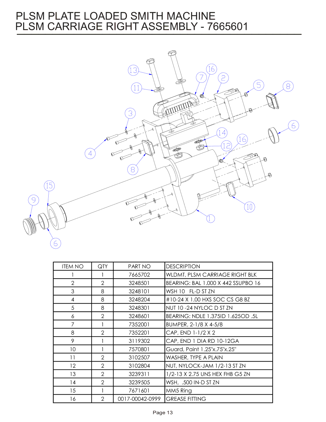 Life Fitness PLSM manual Plsm Plate Loaded Smith Machine Plsm Carriage Right Assembly 