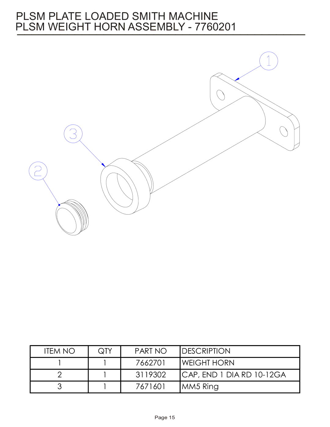 Life Fitness PLSM manual Plsm Plate Loaded Smith Machine Plsm Weight Horn Assembly 