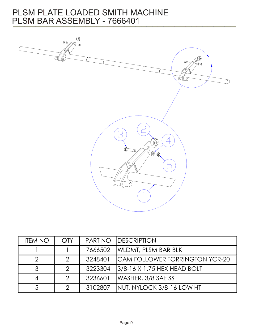 Life Fitness PLSM manual Plsm Plate Loaded Smith Machine Plsm BAR Assembly 