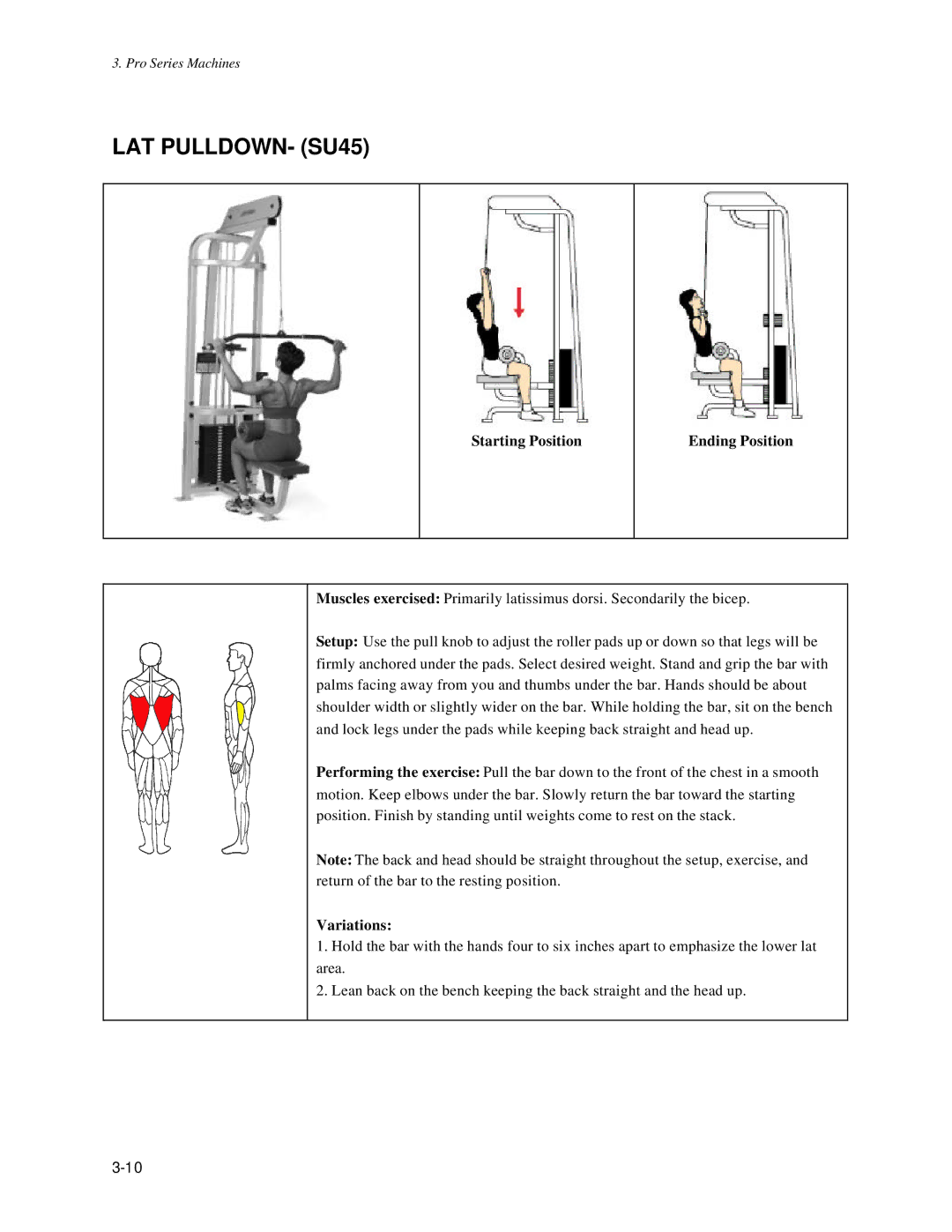 Life Fitness Pro Series owner manual LAT PULLDOWN- SU45, Variations 