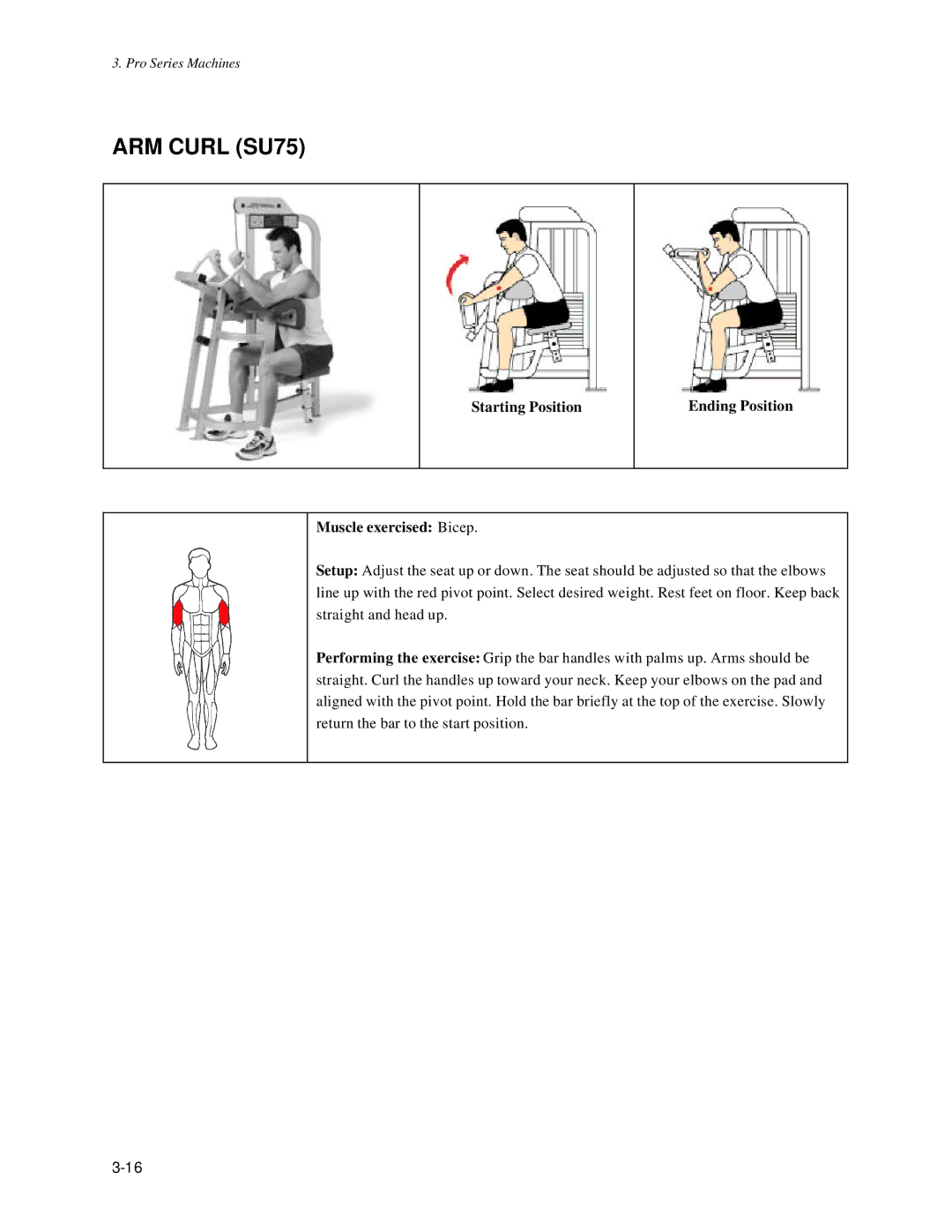 Life Fitness Pro Series owner manual ARM Curl SU75, Starting Position Ending Position Muscle exercised Bicep 