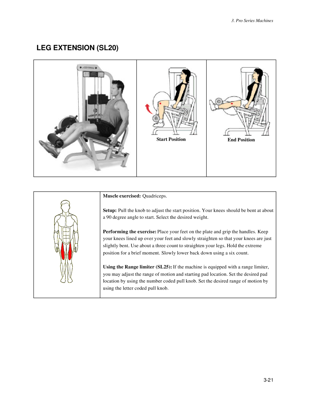 Life Fitness Pro Series owner manual LEG Extension SL20, Start Position End Position Muscle exercised Quadriceps 