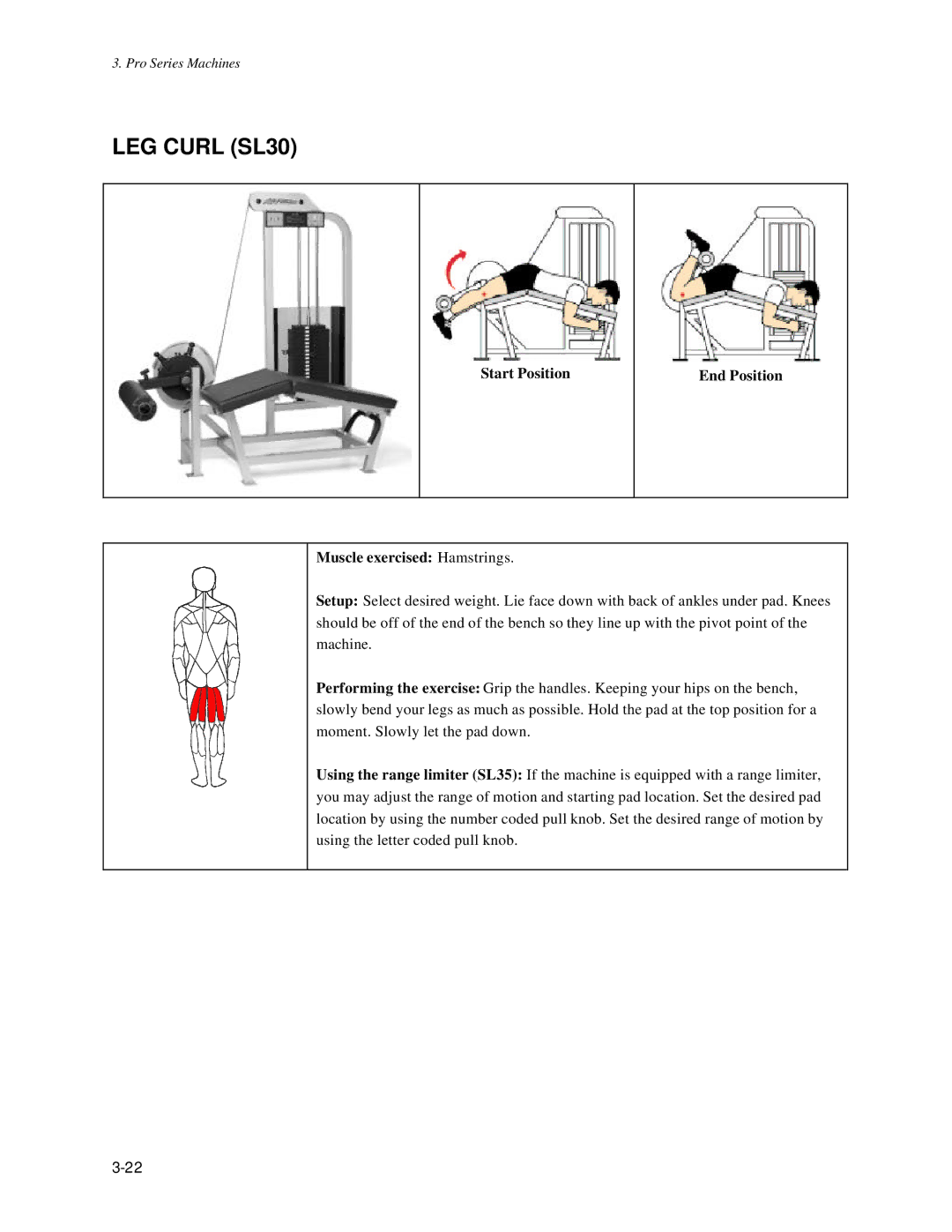 Life Fitness Pro Series owner manual LEG Curl SL30, Start Position End Position Muscle exercised Hamstrings 