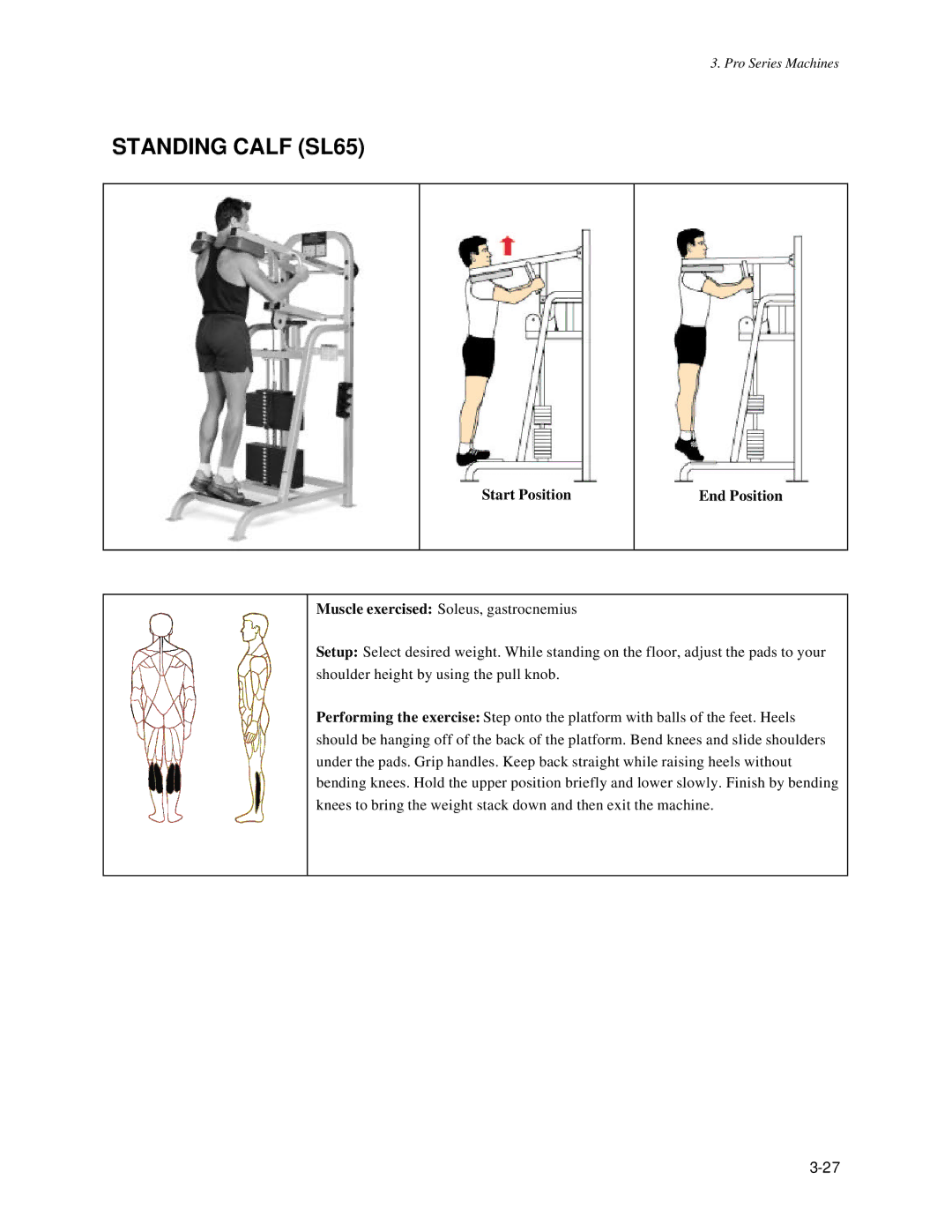 Life Fitness Pro Series owner manual Standing Calf SL65, Start Position End Position 