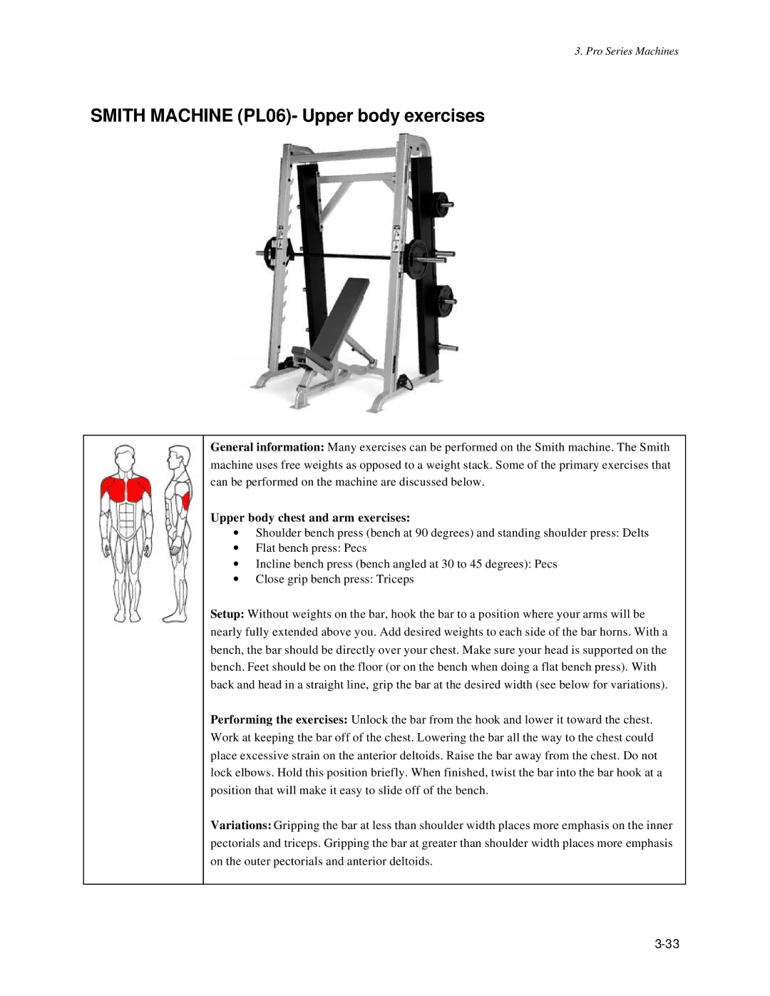 Life Fitness Pro Series owner manual Smith Machine PL06- Upper body exercises, Upper body chest and arm exercises 