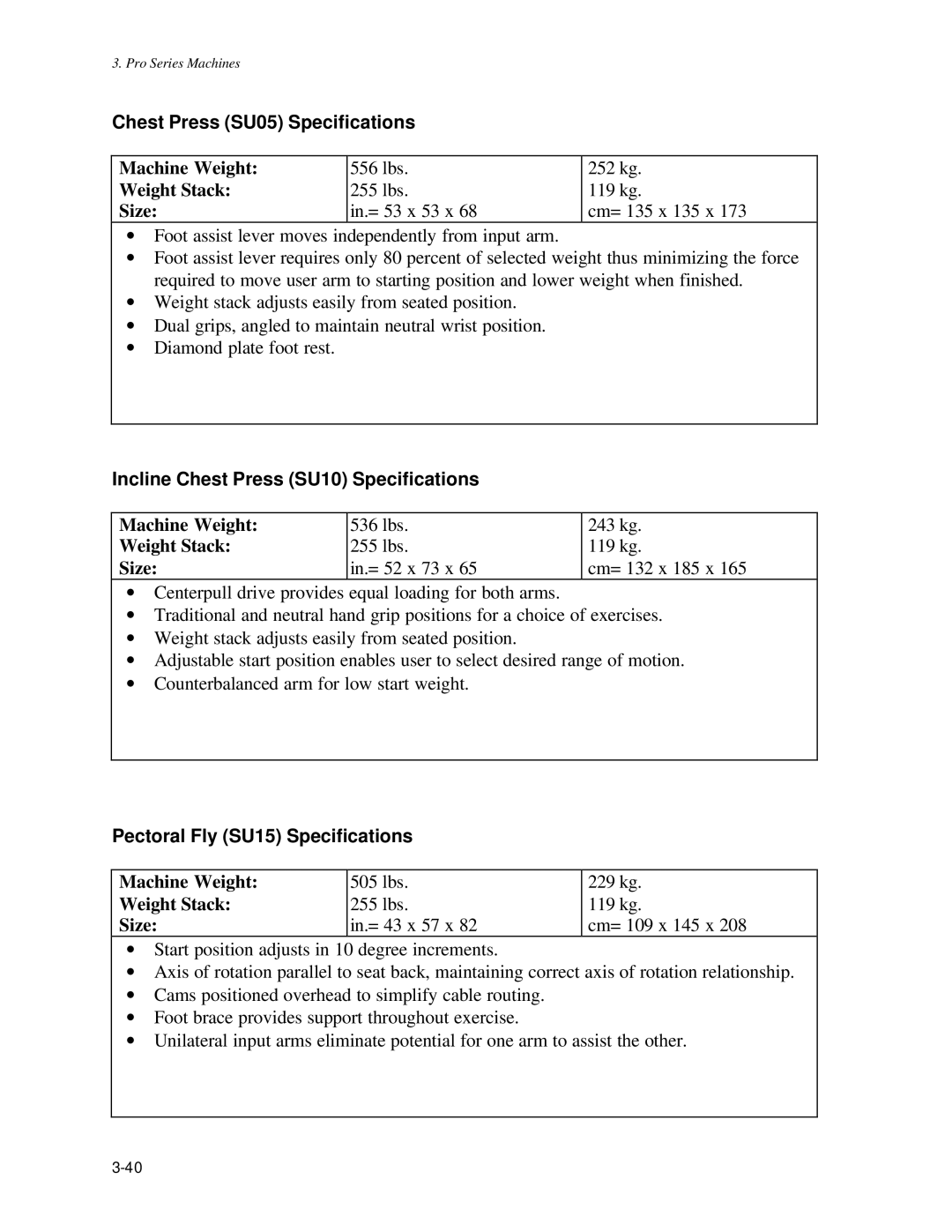 Life Fitness Pro Series owner manual Chest Press SU05 Specifications, Incline Chest Press SU10 Specifications 