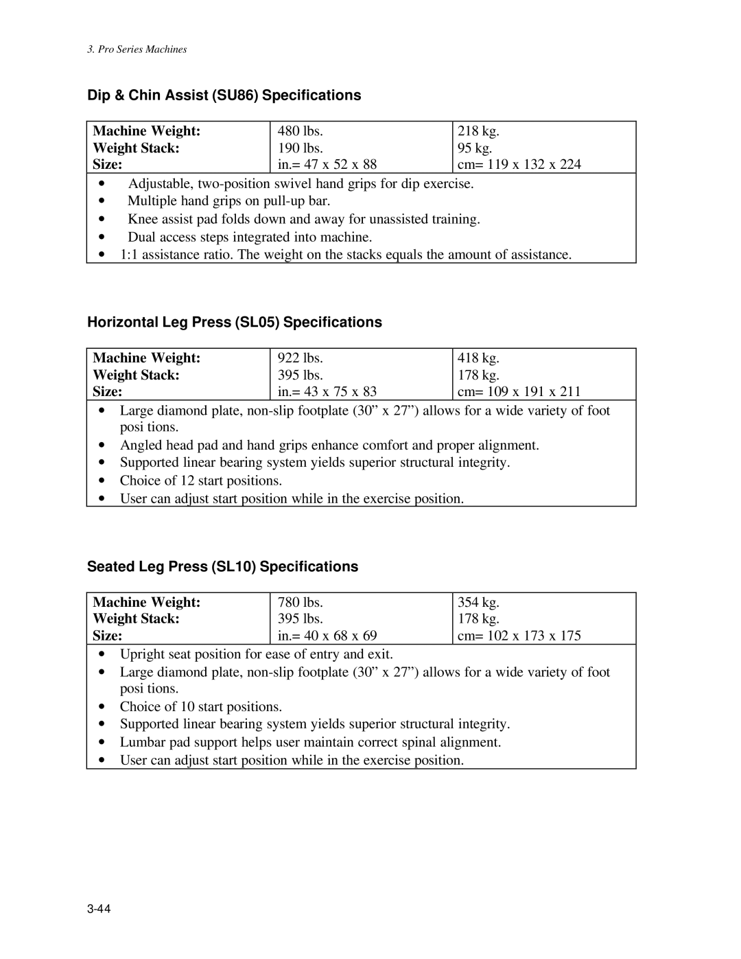 Life Fitness Pro Series owner manual Dip & Chin Assist SU86 Specifications, Horizontal Leg Press SL05 Specifications 