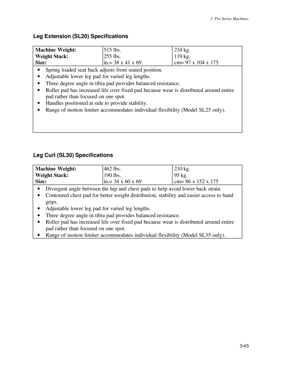 Life Fitness Pro Series owner manual Leg Extension SL20 Specifications, Leg Curl SL30 Specifications 