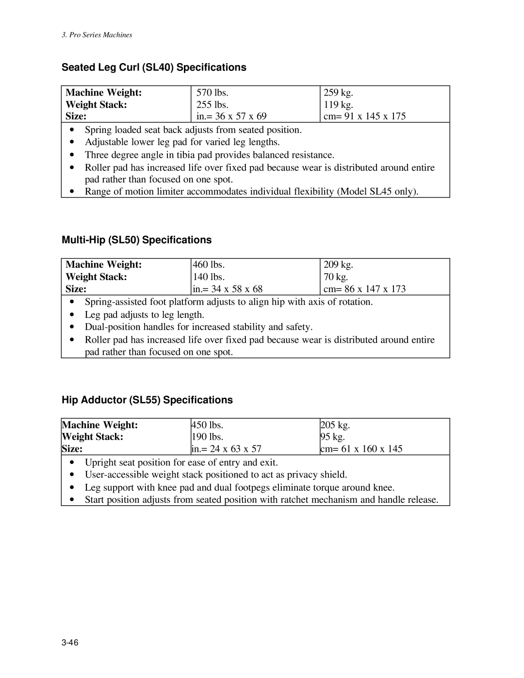 Life Fitness Pro Series owner manual Seated Leg Curl SL40 Specifications, Multi-Hip SL50 Specifications 