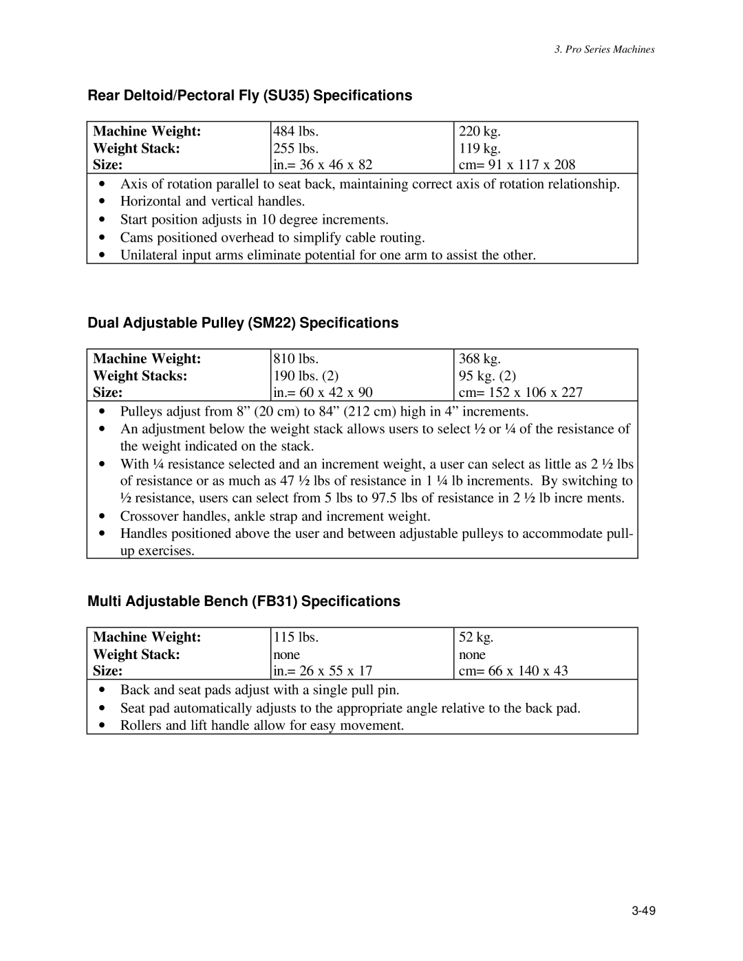 Life Fitness Pro Series owner manual Dual Adjustable Pulley SM22 Specifications, Multi Adjustable Bench FB31 Specifications 