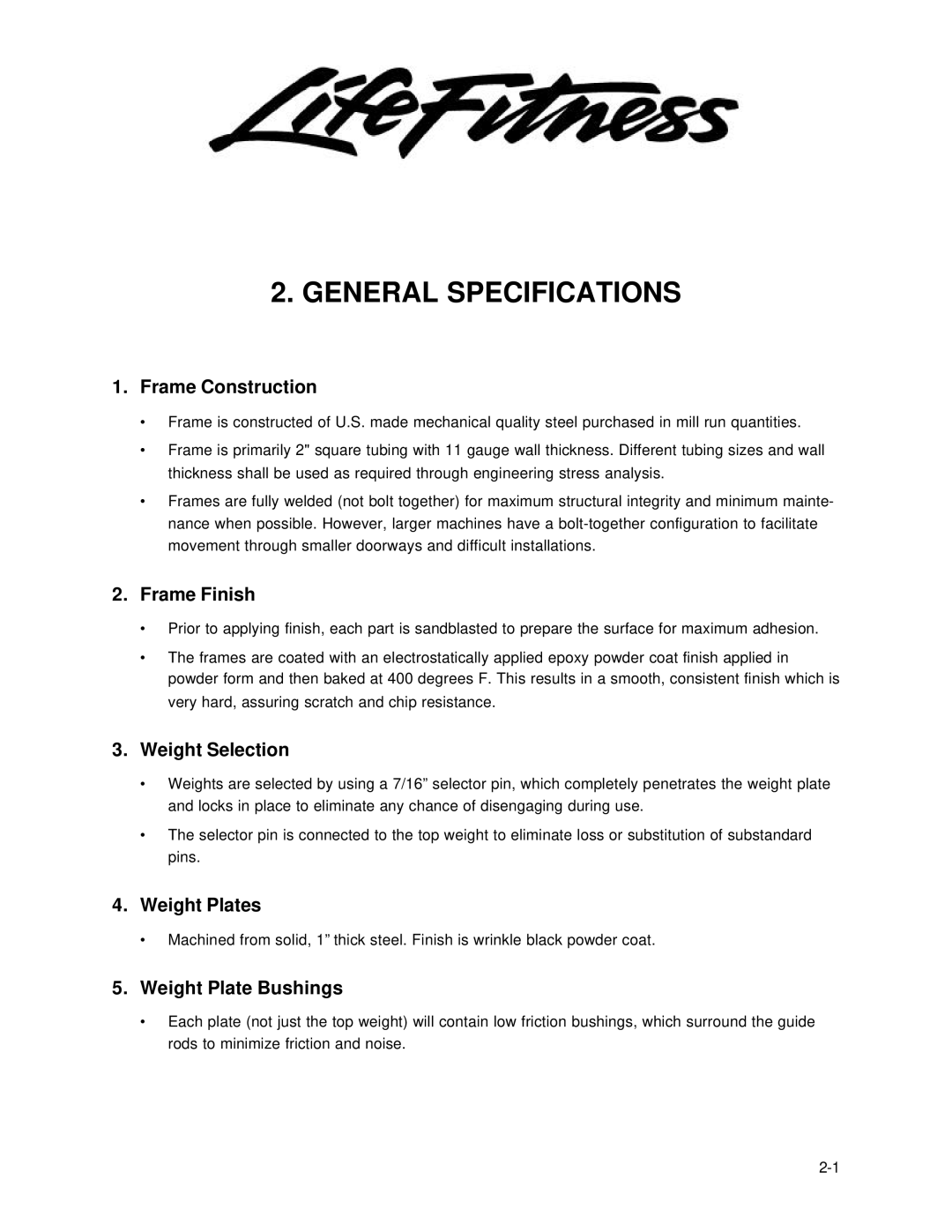 Life Fitness Pro Series owner manual General Specifications 